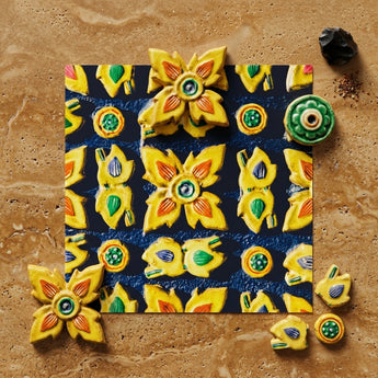 Kosala - Traditional Thailand Mosaic Art Print / Canvas Vibrant Yellow Green Ceramic Tiles Intricate Floral Patterns Traditional Thailand
