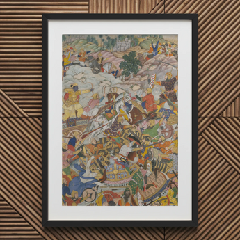 Krishna & Balarama Fighting the Enemy - Harivamsa Art Print / Canvas Black Framed Artwork Colorful Battle Scene Painting Harivamsa Art