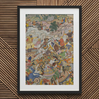 Krishna & Balarama Fighting the Enemy - Harivamsa Art Print / Canvas Black Framed Artwork Colorful Battle Scene Painting, Silence Ruptured,