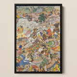 Krishna & Balarama Fighting the Enemy - Harivamsa Art Print / Canvas Framed Mughal-era Battle Scene Painting Vibrant Colors Intricate,