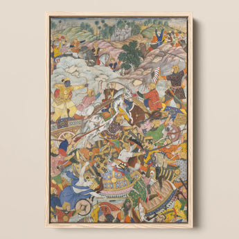Krishna & Balarama Fighting the Enemy - Harivamsa Art Print / Canvas Vibrant Intricately Detailed Battle Scene Painting Light Wooden,