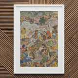 Krishna & Balarama Fighting the Enemy - Harivamsa Art Print / Canvas White Framed Artwork Vibrant Battle Scene Colorful Figures, Silence