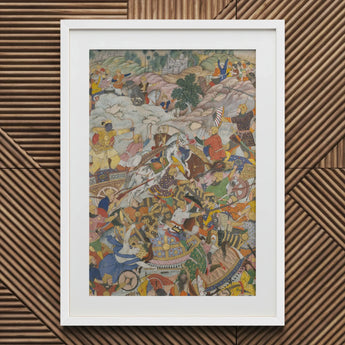 Krishna & Balarama Fighting the Enemy - Harivamsa Art Print / Canvas White Framed Artwork Vibrant Battle Scene Colorful Figures, Silence