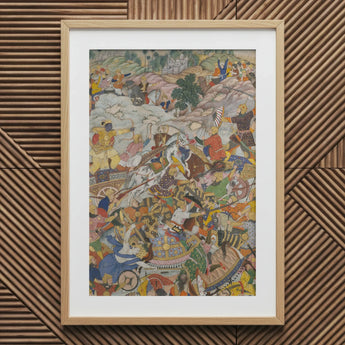 Krishna & Balarama Fighting the Enemy - Harivamsa Art Print / Canvas Wooden Framed Artwork Vibrant Battle Scene Colorful Figures, Silence