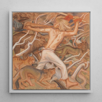 Kullervo Herding His Wild Flocks - Akseli Gallen-kallela Art Print / Canvas Framed Painting Muscular Blonde Figure White Pants Axe,