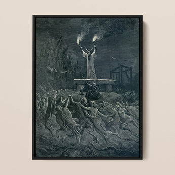 La Danse Du Sabbat - Emile Bayard Art Print / Canvas Black-framed Artwork Dark Intricate Demonic Figures Central Figure, Horned Officiant