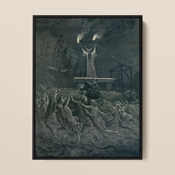 La Danse Du Sabbat - Emile Bayard Art Print / Canvas Black-framed Artwork Dark Intricate Figure Torches Chaotic Scene Danse Sabbat, Horned