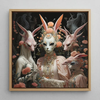 Ladies who Lunch - Alien Renaissance Art Print / Canvas Framed Artwork Four Ethereal Rabbit-faced Figures Adorned Delicate Fine Paper, Bold