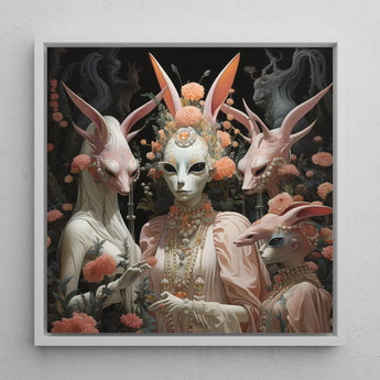 Ladies who Lunch - Alien Renaissance Art Print / Canvas Framed Digital Artwork Four Ethereal Rabbit-faced Figures Adorned Fine Paper, Bold