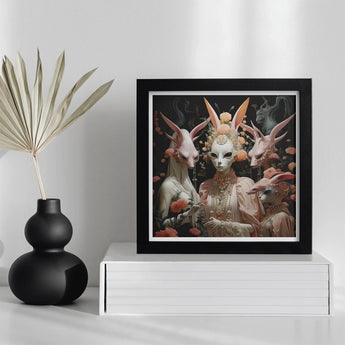Ladies who Lunch - Alien Renaissance Art Print / Canvas Framed Surrealist Artwork Masked Figure Surrounded Animal-like Creatures Fine