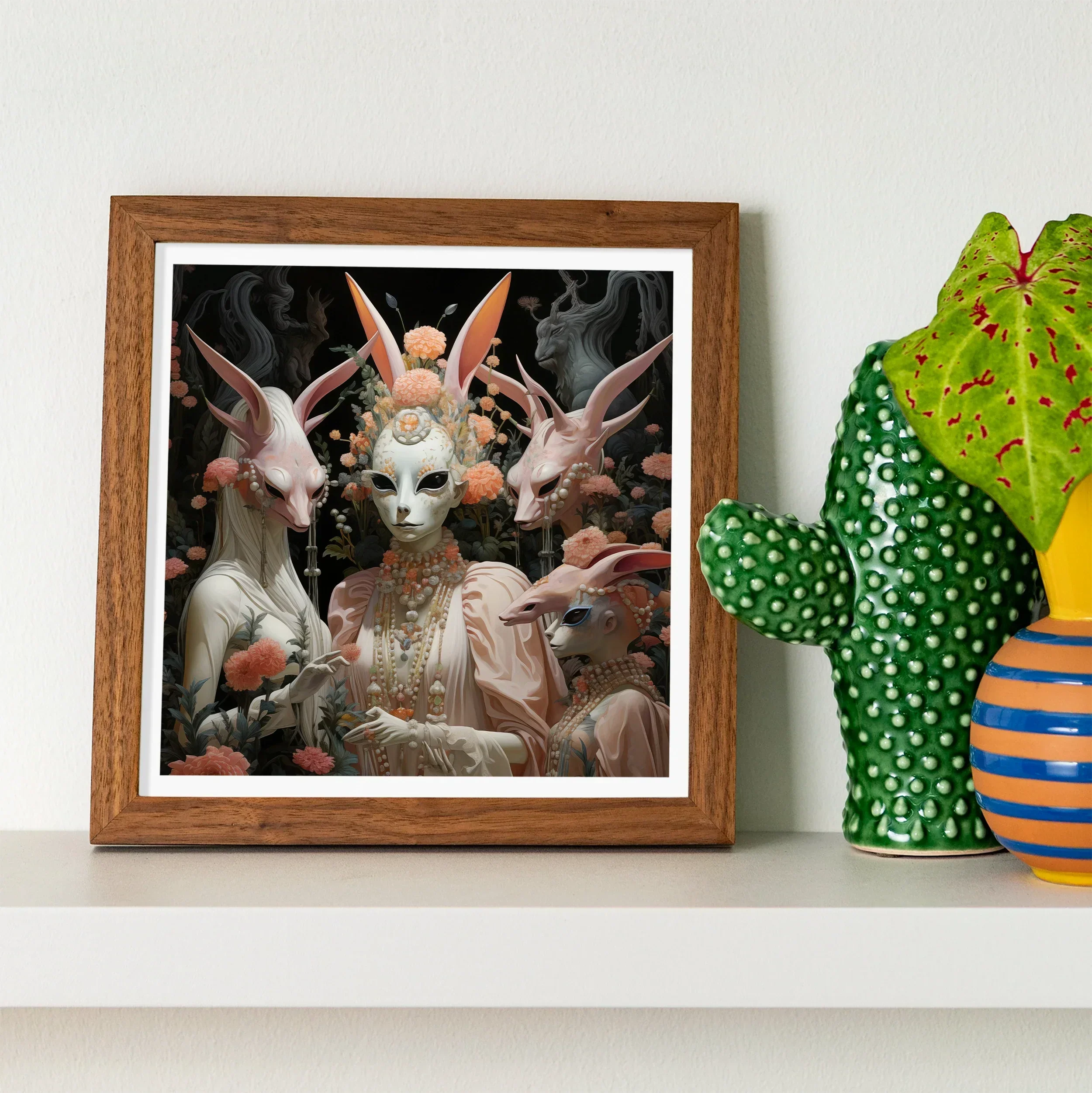Ladies who Lunch Alien Renaissance Art Print, Framed Surreal Artwork Central Masked Figure Surrounded Rabbit Like