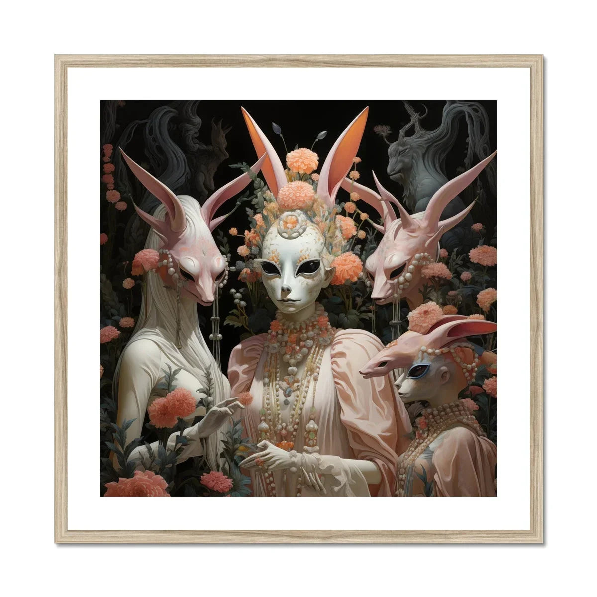 Ladies who Lunch Alien Renaissance Art Print, Surreal Artwork Masked Figures Rabbit Like Features Adorned Ornate
