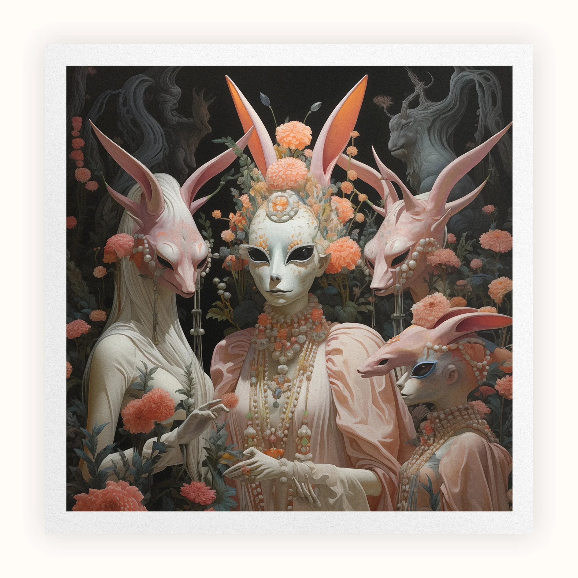 Ladies who Lunch Alien Renaissance Art Print, Surreal Painting Masked Figures Rabbit Like Features Surrounded Flowers