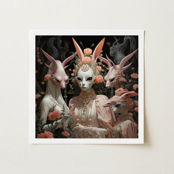 Ladies who Lunch - Alien Renaissance Art Print / Canvas Framed Artwork Four Ethereal Bunny-faced Figures Adorned Ornate Fine Paper, Bold
