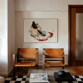 Lady in a Kimono - Kono Bairei Meiji Geisha Art Print / Canvas Two Tan Leather Mid-century Modern Chairs Positioned Kōno Bairei’s Lady,