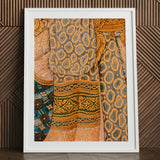 Lady in Waiting - Royal Siam Thai Mural Art Print / Canvas Framed Artwork Intricate Colorful Textile Patterns Gold Green Captivating,