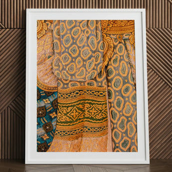Lady in Waiting - Royal Siam Thai Mural Art Print / Canvas Framed Artwork Intricate Colorful Textile Patterns Gold Green Captivating,