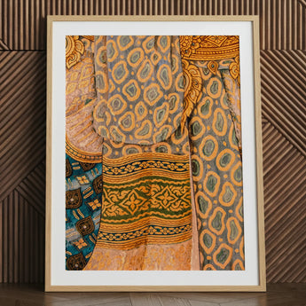 Lady in Waiting - Royal Siam Thai Mural Art Print / Canvas Framed Artwork Vibrant Intricately Patterned Textile Bold Orange Captivating,