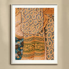 Lady in Waiting - Royal Siam Thai Mural Art Print, Framed Textile Artwork Traditional African Patterns Orange Blue
