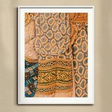 Lady in Waiting - Royal Siam Thai Mural Art Print, Framed Textile Artwork Traditional African Patterns Orange Blue