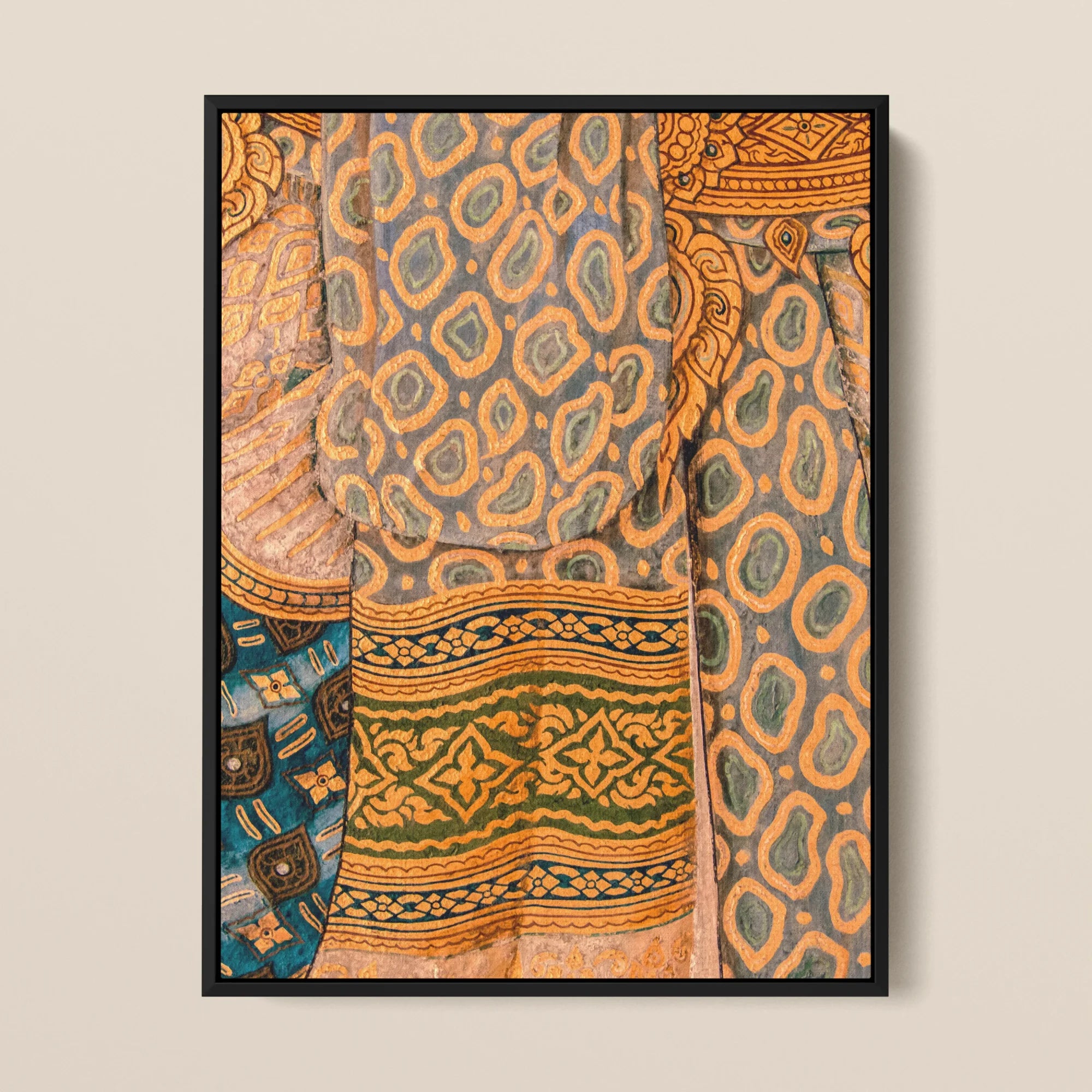 Lady in Waiting - Royal Siam Thai Mural Framed Canvas, Framed Artwork Colorful Patterns Textures Reminiscent Animal Prints