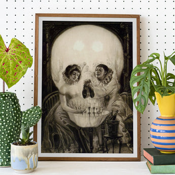 L’amour De Pierrot - Salvador Dali Art Print / Canvas Framed Optical Illusion Skull Formed Two Figures Porcelain Skin Grazing, Gaslight
