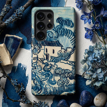Blue Landscape with Houses - Vincent Van Gogh Phone Case Mobile Cases Blue Cream-colored Phone Case Stylized Landscape Design Reminiscent