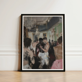 Black-framed Art Print Lively Dance Scene Ornate Ballroom Luxe Vintage Gay, Rave, Desire Waltzes Unbound