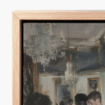 Light Wood-framed Canvas Print Elegant Interior Chandeliers Figures Luxe Vintage Gay, Rave, Desire Waltzes Unbound