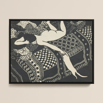Laziness - Félix Edouard Vallotton Woodcut Art Print / Canvas Black-framed Artwork Stylized Cream-colored Figure Patterned Textiles Bold