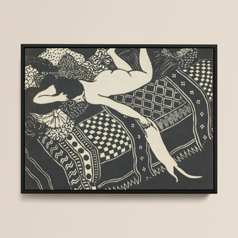 Laziness - Félix Edouard Vallotton Woodcut Art Print / Canvas Black-framed Artwork Stylized Cream-colored Figure Patterned Textiles Bold
