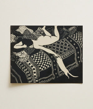 Black White Linocut Artwork Nude Figure Patterned Textiles Félix Edouard Vallotton, Art Print, Languid World