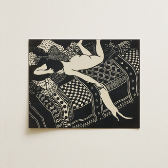 Laziness - Félix Edouard Vallotton Woodcut Art Print / Canvas Black White Linocut Artwork Nude Figure Patterned Textiles Félix Edouard