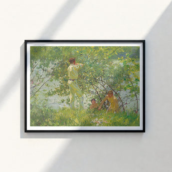 Framed Painting Man Light Green Attire Water Figure Henry Scott, Leafy June, Dappling Riverbank Grasses