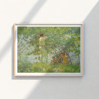 Framed Painting Sunlit Outdoor Scene Figures Light-colored Clothing Henry Scott, Leafy June, Dappling Riverbank Grasses