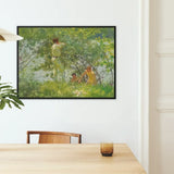 Leafy June - Henry Scott Tuke Art Print / Canvas Black-framed Painting Sunlit Scene Three Figures Green Yellow, Dappling Riverbank Grasses