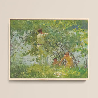 Leafy June - Henry Scott Tuke Art Print / Canvas Framed Painting Sunlit Outdoor Scene Figures Green Yellow, Dappling Riverbank Grasses