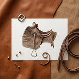 Leather Saddle - Bertha Semple Equestrian Art Print / Canvas Detailed Illustration Brown Leather Saddle Intricate Floral Tooling Bertha