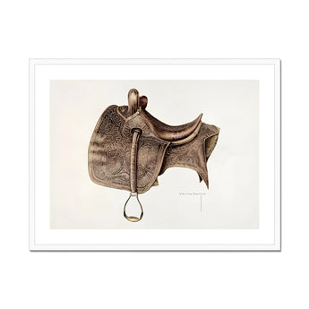 Leather Saddle - Bertha Semple Equestrian Art Print, Vintage Brown Leather Horse Saddle Ornate Tooled Stirrup