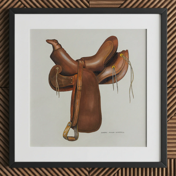 Ledersattel - Harry Mann Waddell Reitsport-Kunstdruck / Leinwand, 12x12’’ / 31x31cm / Schwarzer Rahmen / Passepartout, Poster, Drucke & Visual