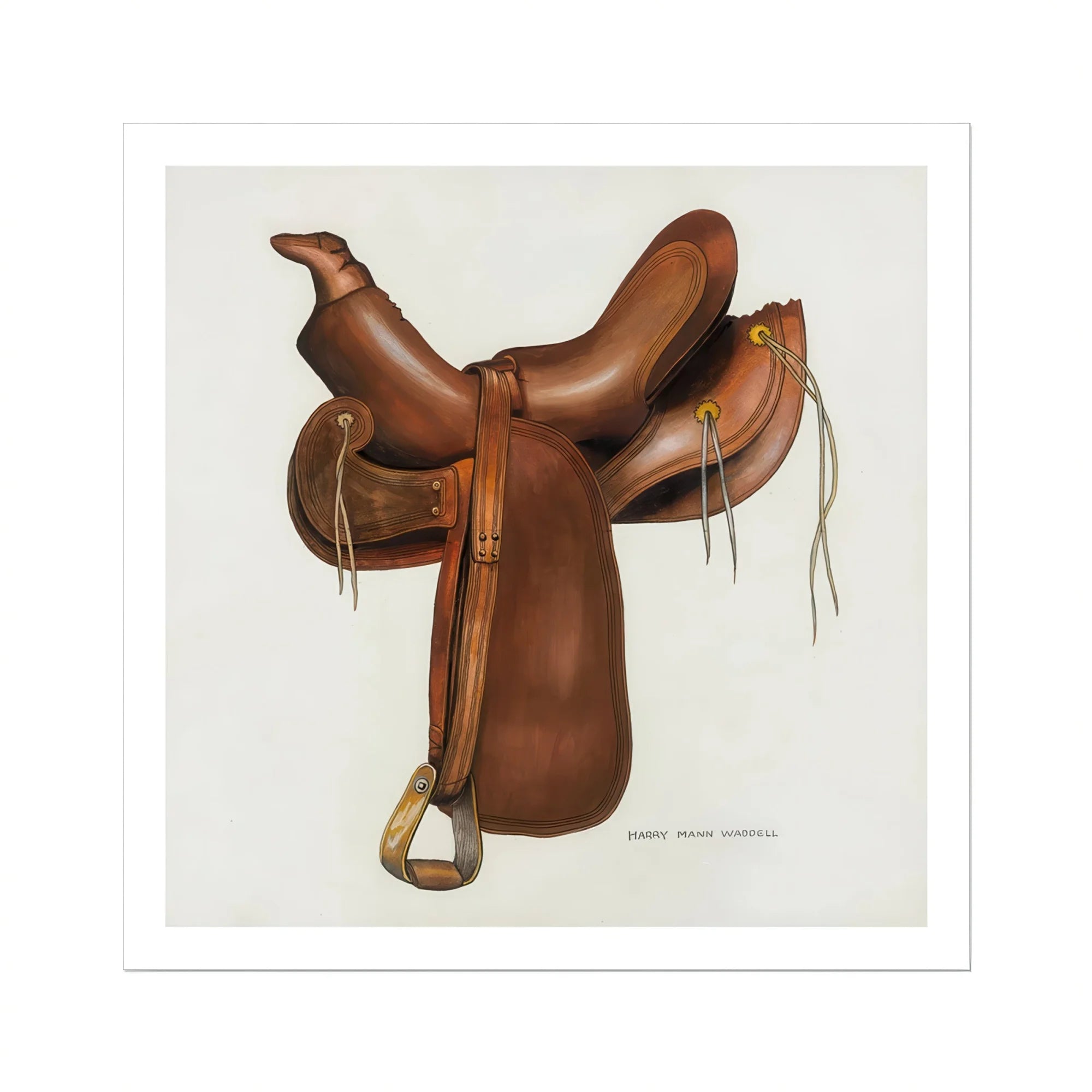 Leather Saddle - Harry Mann Waddell Equestrian Art Print, Brown Leather Horse Saddle Stirrups Decorative