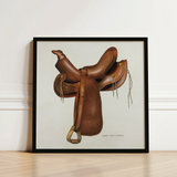 Framed Illustration Brown Leather Western Saddle Brass Hardware Harry Mann Waddell, Equestrian, Art