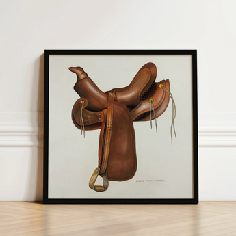 Framed Illustration Brown Leather Western Saddle Brass Hardware Harry Mann Waddell, Equestrian, Art