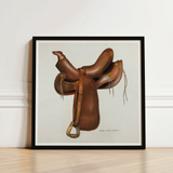 Brown Leather Western Saddle Illustration Black Frame Harry Mann Waddell, Equestrian, Art