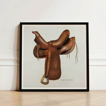 Brown Leather Western Saddle Illustration Black Frame Harry Mann Waddell, Equestrian, Art