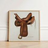 Framed Illustration Brown Leather Western Saddle Brass Hardware Harry Mann Waddell, Equestrian, Art