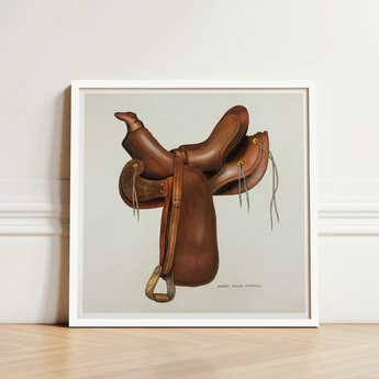 Brown Leather Western Saddle Illustration White Frame Harry Mann Waddell, Equestrian, Art