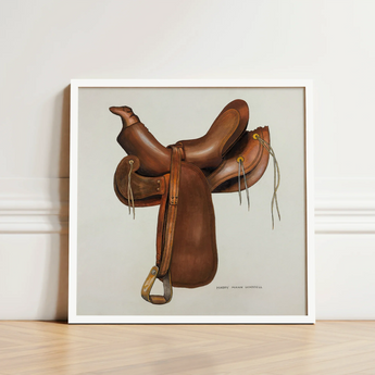 Brown Leather Western Saddle Illustration White Frame Harry Mann Waddell, Equestrian, Art
