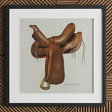 Leather Saddle - Harry Mann Waddell Equestrian Art Print / Canvas Brown Western Illustration Black Frame, Prints