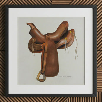 Leather Saddle - Harry Mann Waddell Equestrian Art Print / Canvas Brown Western Illustration Black Frame, Prints